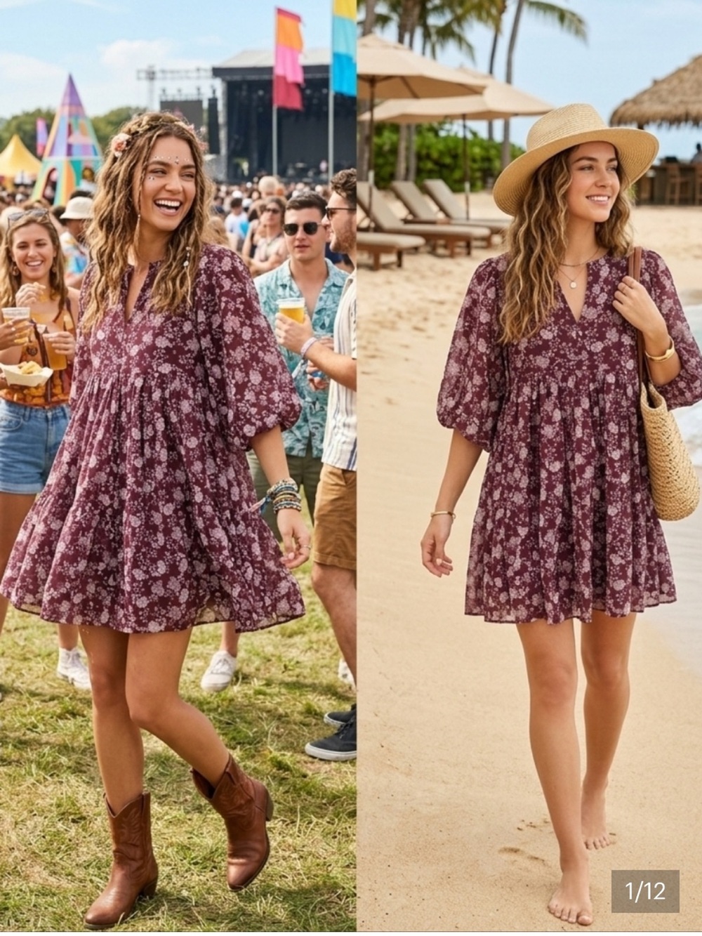 Madewell Burgundy Floral Splitneck Puff-Sleeve Mini Dress